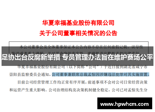 足协出台反腐新举措 专员管理办法旨在维护赛场公平